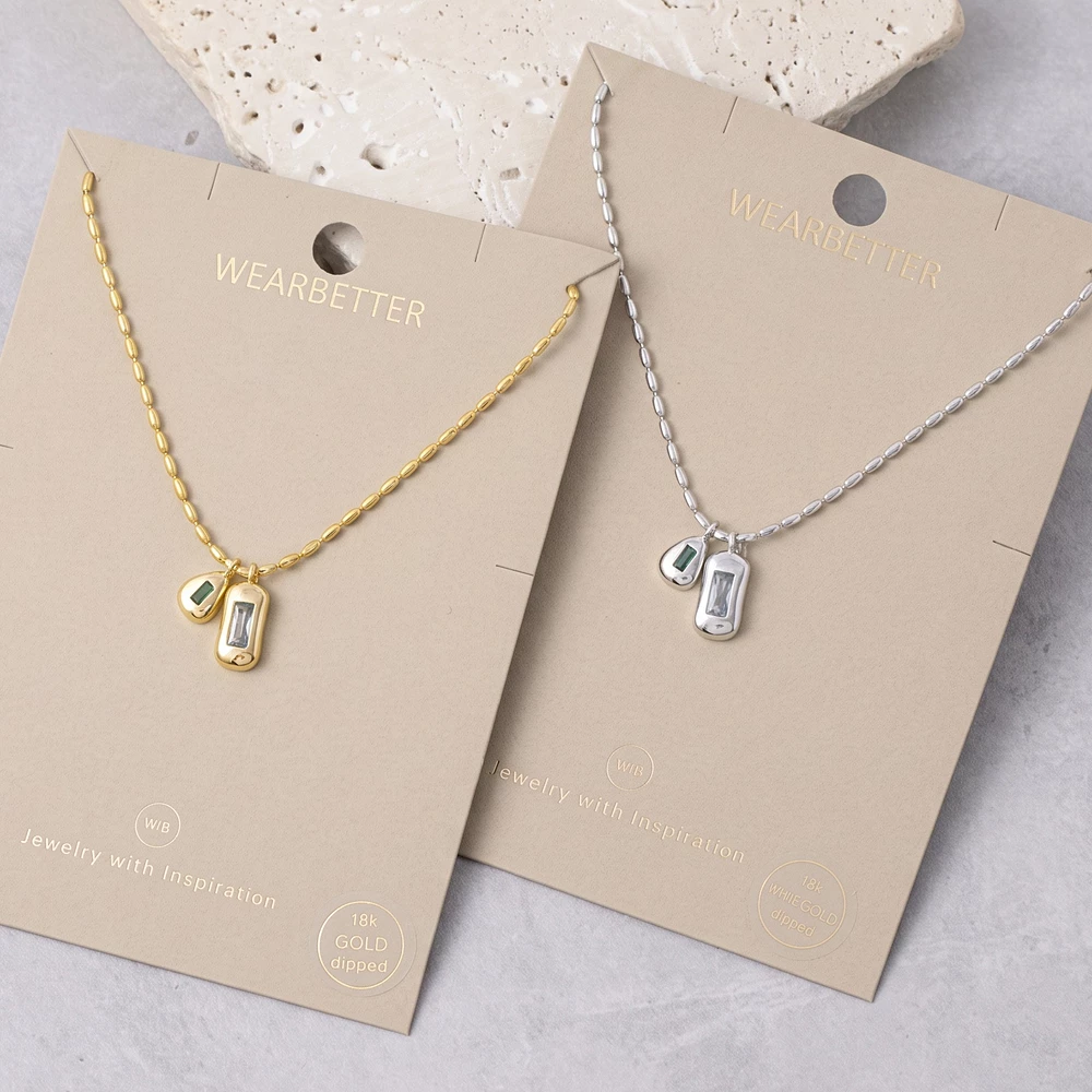 18K Gold Dipped Step Cut Stone Charm Necklace