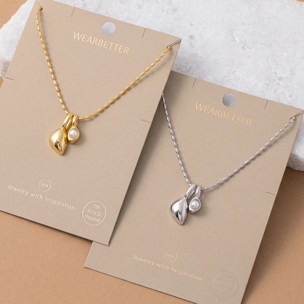 18K Gold Dipped Pebble And Pearl Charm Pendant Necklace