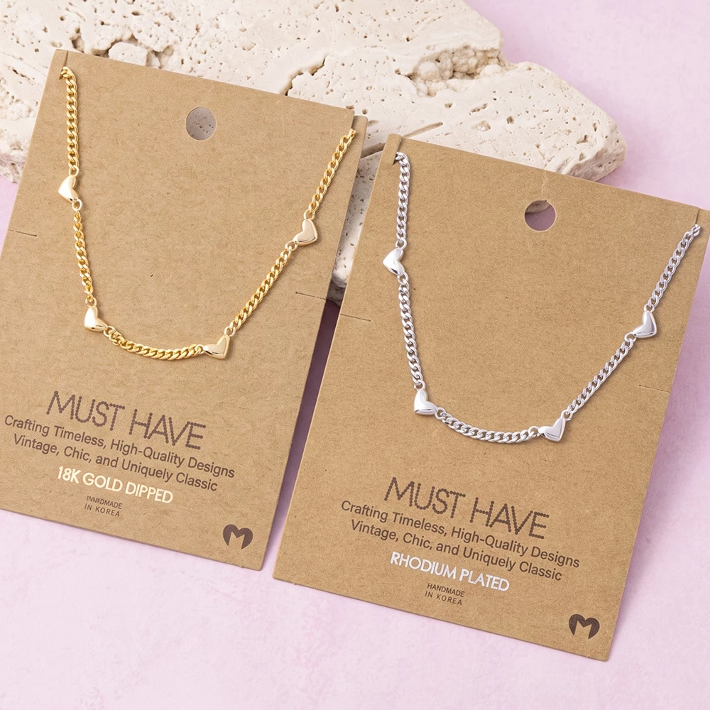 18K Gold Dipped Puffed Heart Station Chain Necklace