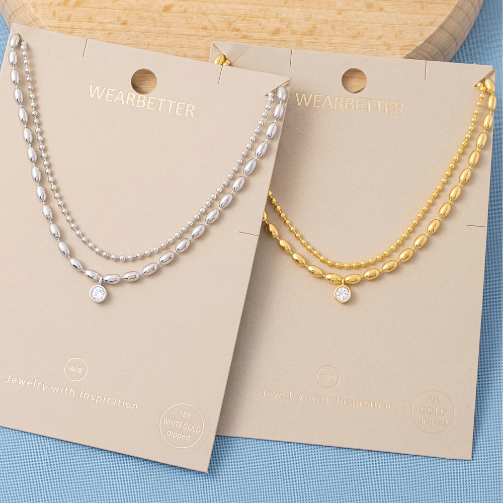 18K Gold Dipped Layered Bead Chain Bezel Cz Necklace
