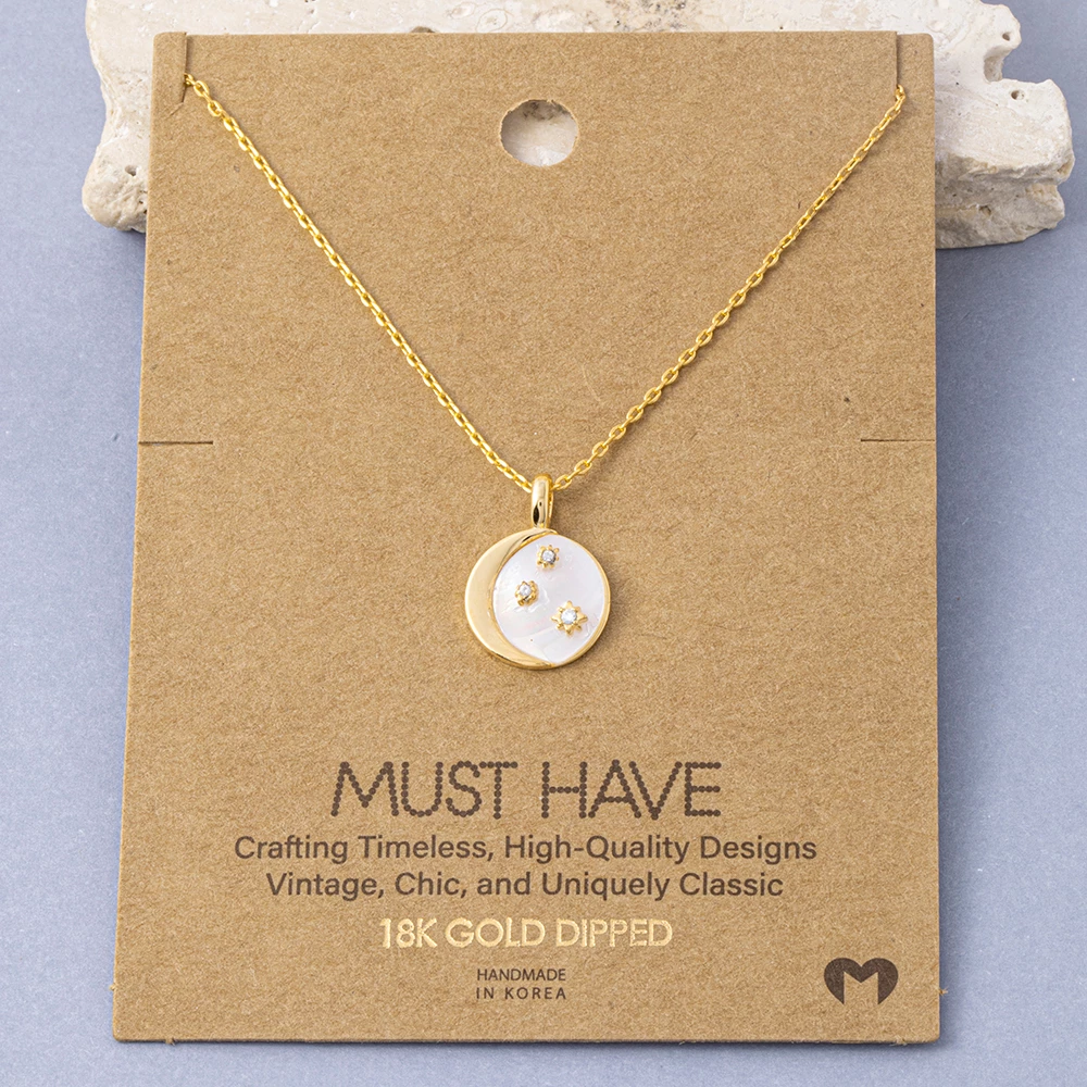 18K Gold Dipped Crescent Moon Cz Star Shell Necklace