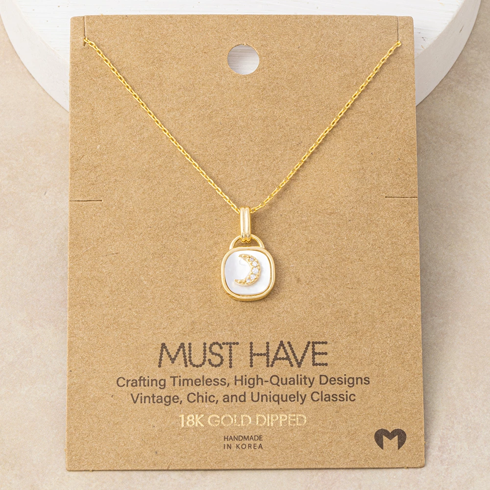 18K Gold Dipped Cz Moon Cushion Shell Pendant Necklace