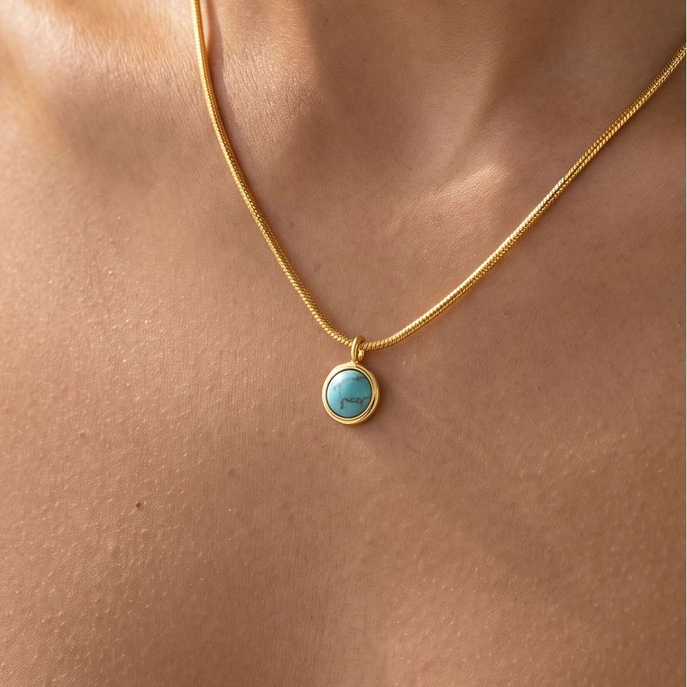 Gold Dipped Round Turquoise Pendant Necklace
