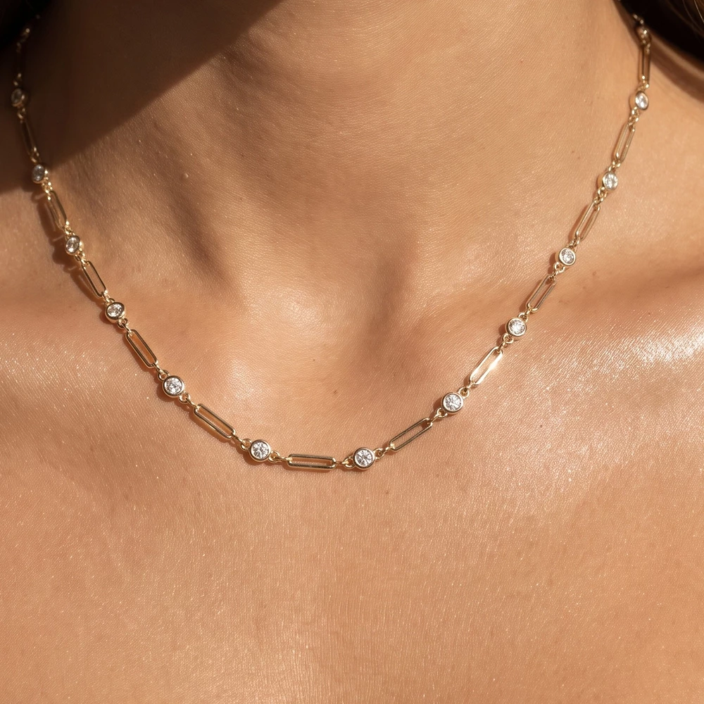 Cz Bezel Station Bar Link Chain Necklace