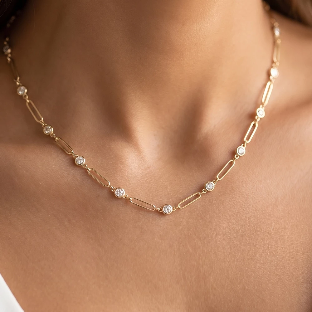 Cz Bezel Station Paperclip Link Chain Necklace