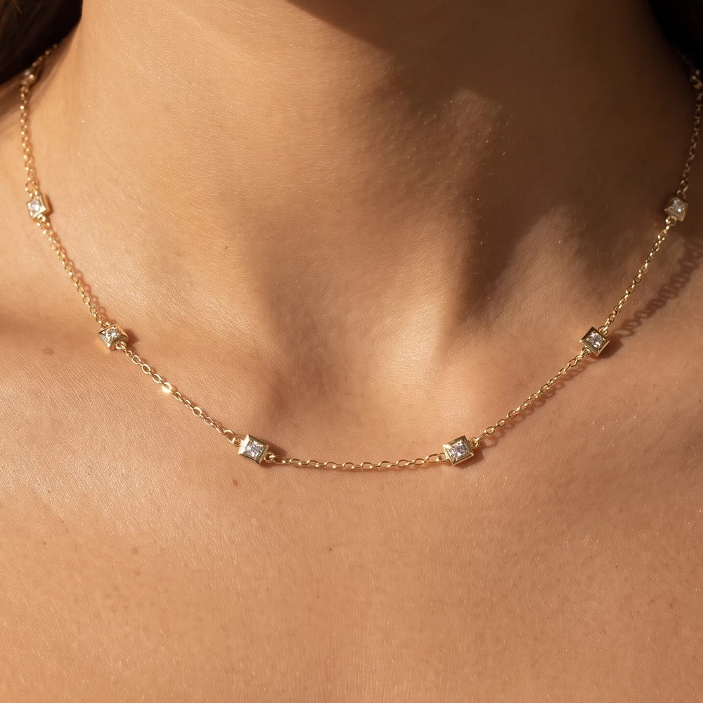 Cz Square Bezel Station Cable Chain Necklace