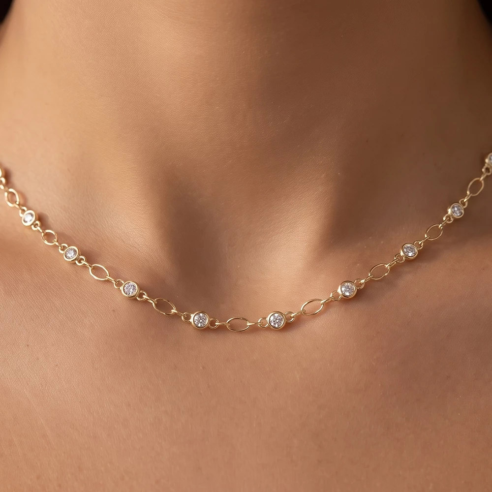 Cz Bezel Station Oval Link Chain Necklace