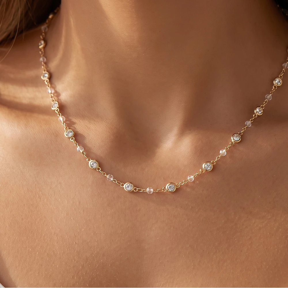Cz Bezel And Seed Bead Station Chain Necklace