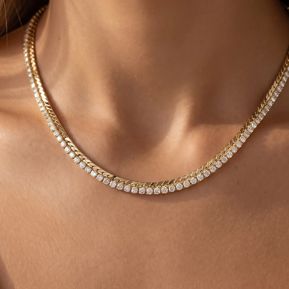 Herringbone Chain Cz Tennis Row Necklace