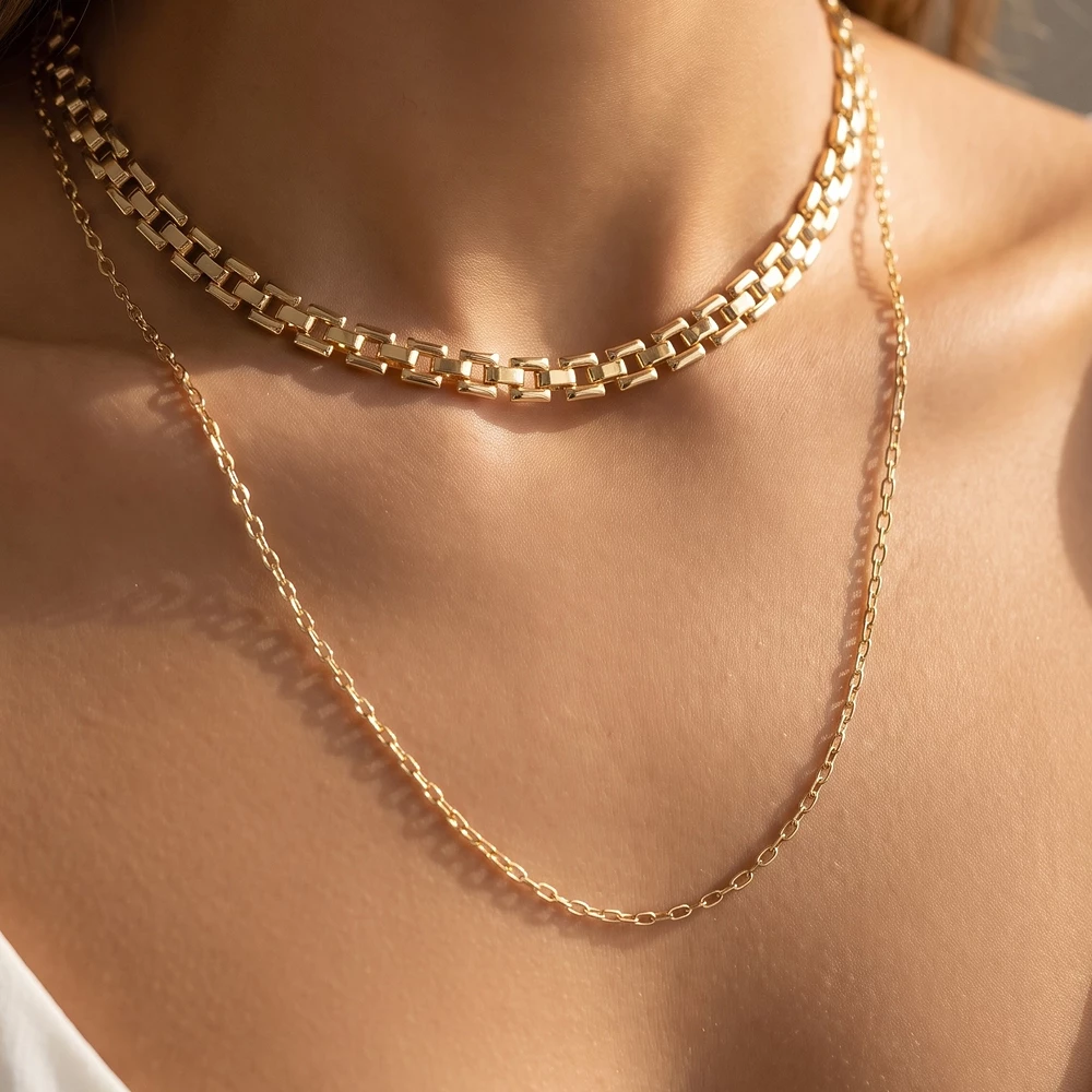Two Row Panther Link And Cable Chain Necklace