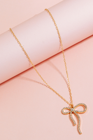 Solid Rhinestone Ribbon Bow Pendant Chain Necklace