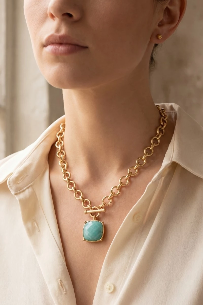 Large Square Faceted Stone Pendant Toggle Chain Necklace