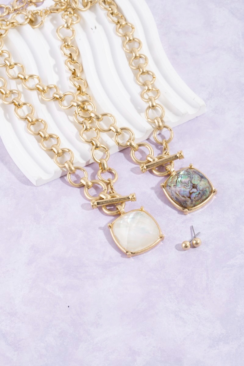 Faceted Square Stone Pendant Necklace Set