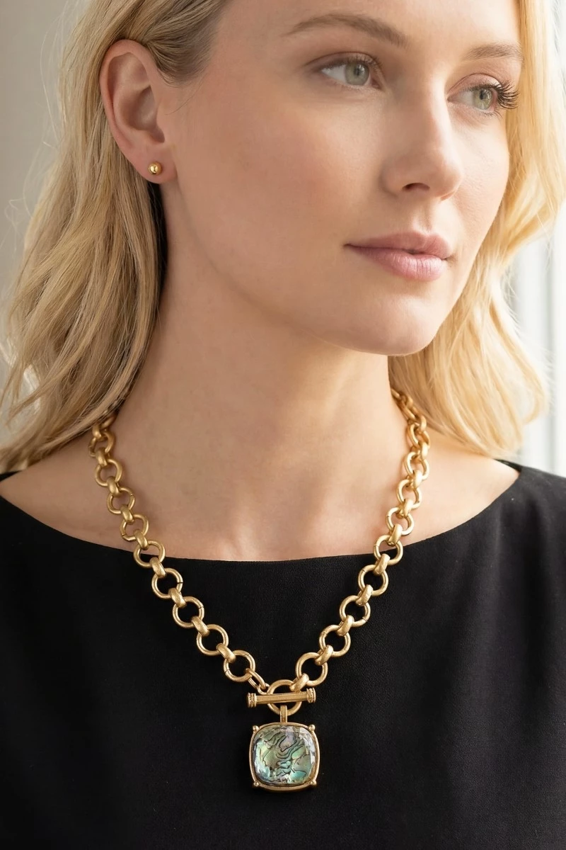 Faceted Square Stone Pendant Necklace Set