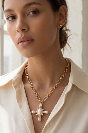 Chain Link Pearl Cross Pendant Necklace Set