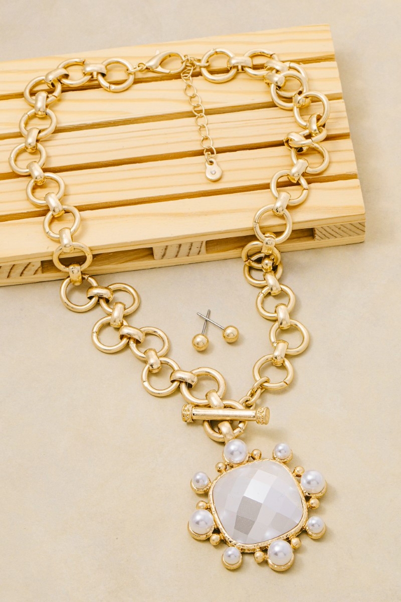 Chain Link Faceted Square Stone Pendant Necklace Set