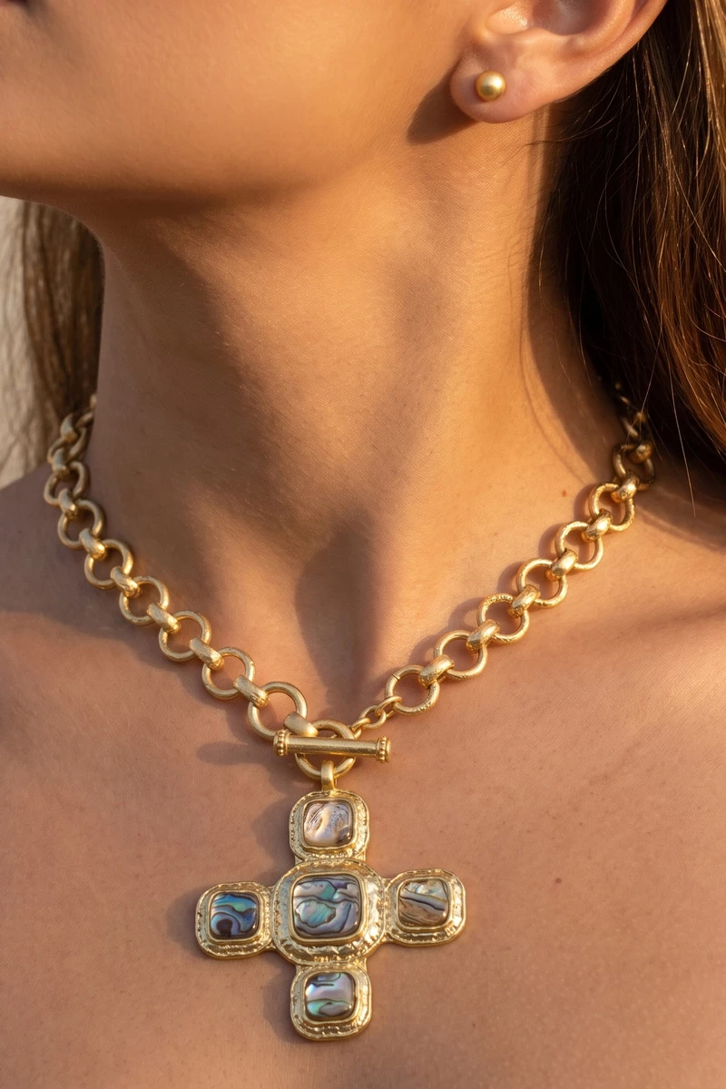 Abalone Inlay Cross Toggle Necklace
