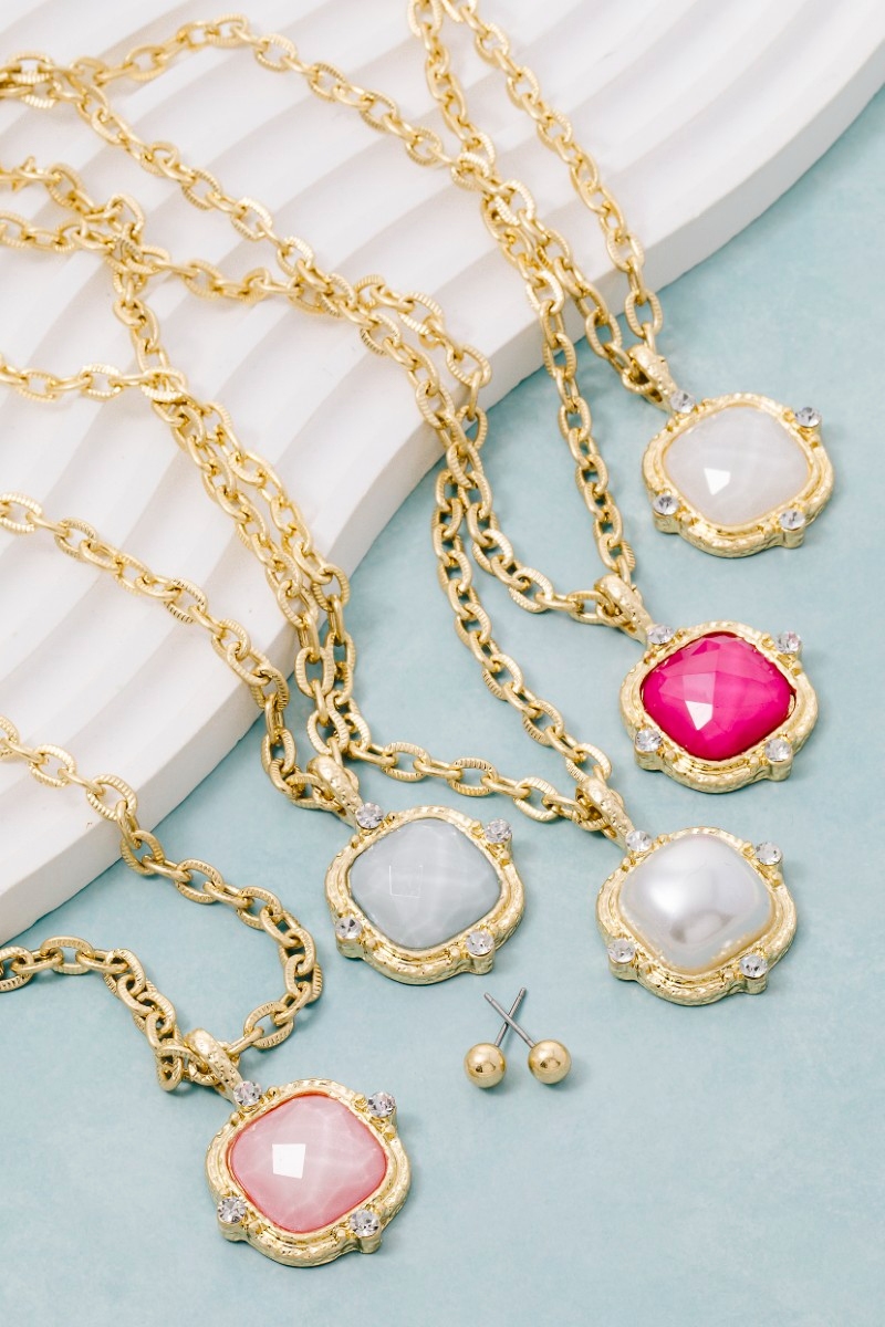 Square Faceted Stone Pendant Chain Necklace Set