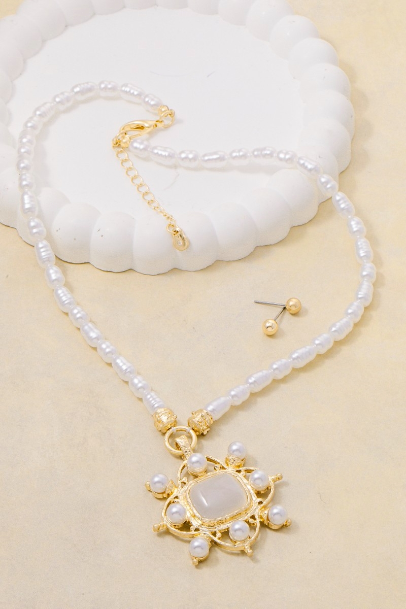 Pearl Beaded Ornate Statement Pendant Necklace Set