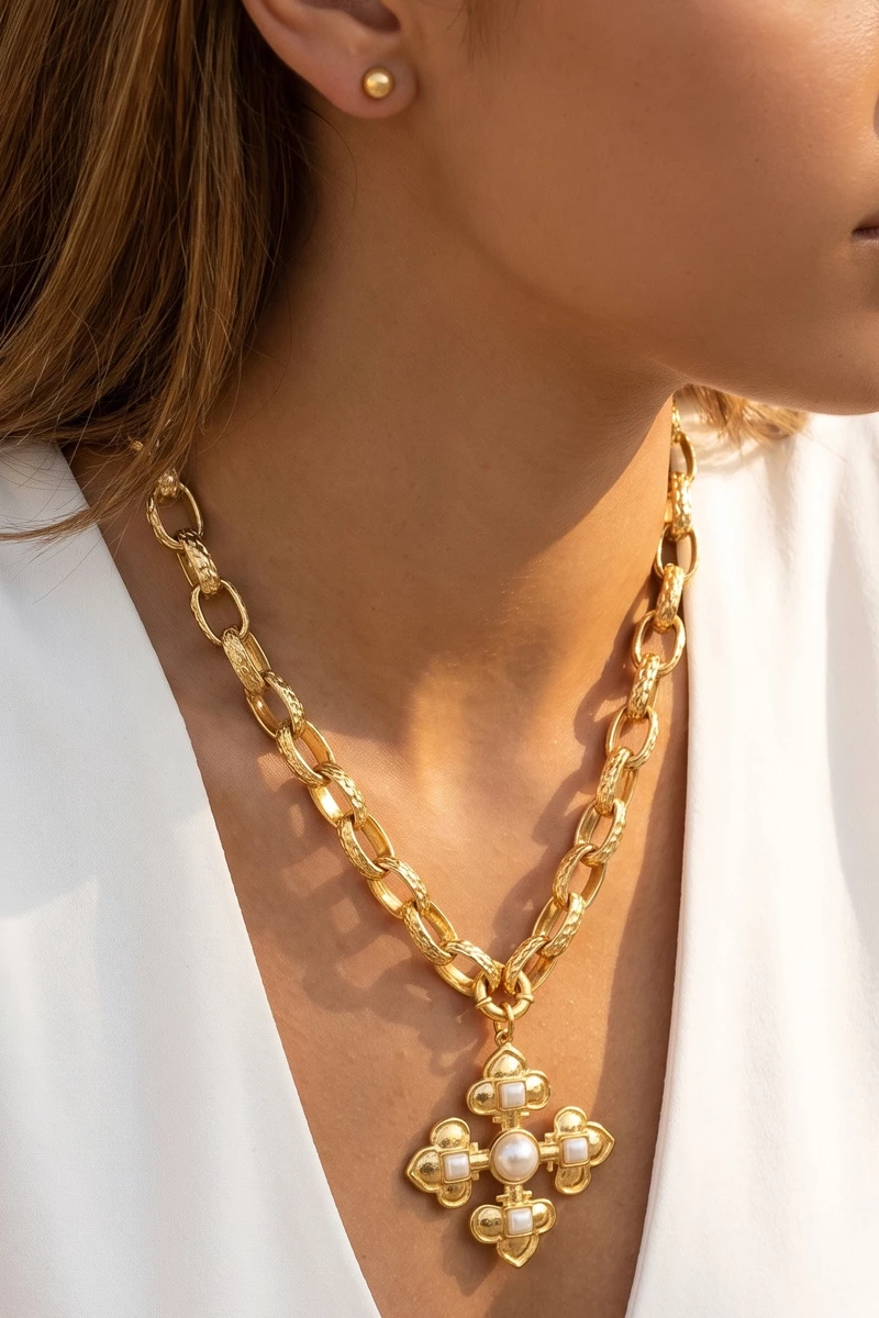 Pearl Clover Cross Boxy Chain Necklace