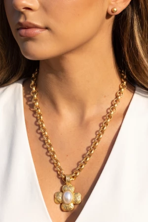 Chain Link Pearl Cross Statement Necklace