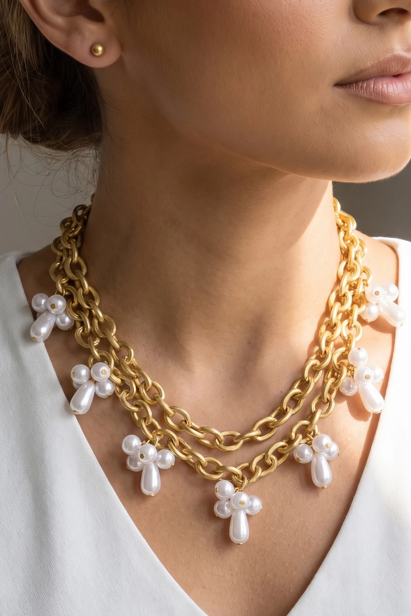 Pearl Cluster Charm Double Chain Necklace