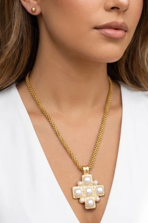 Square Pearl Cross Double Box Chain Necklace