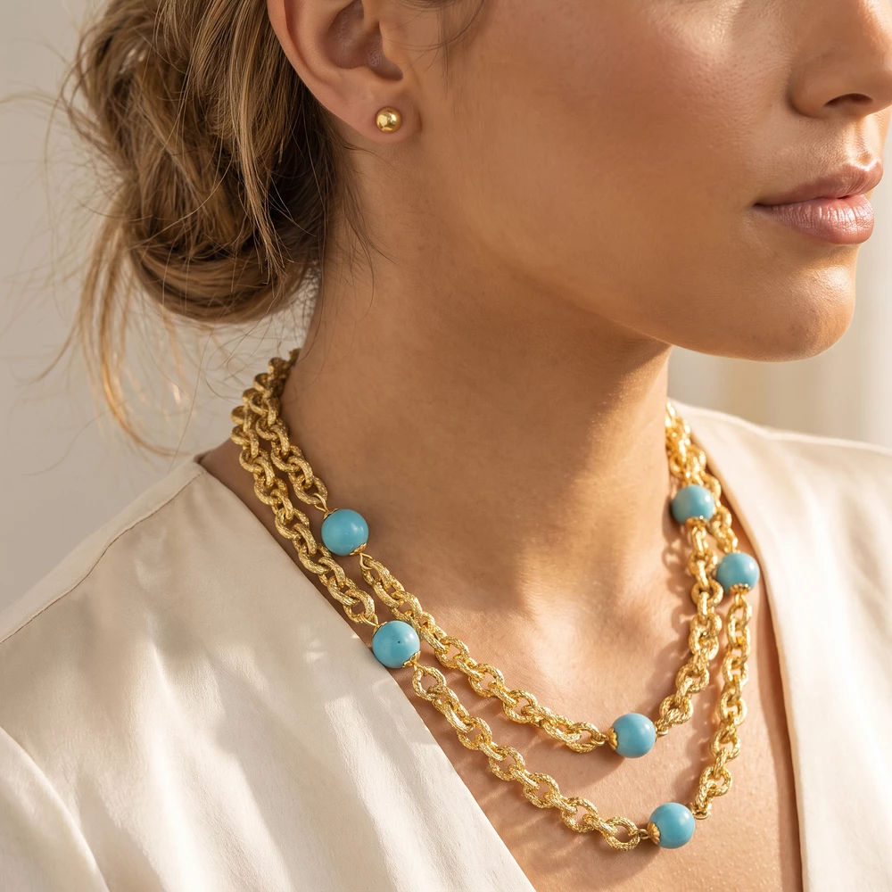 Long Textured Rolo Chain Station Necklace Set