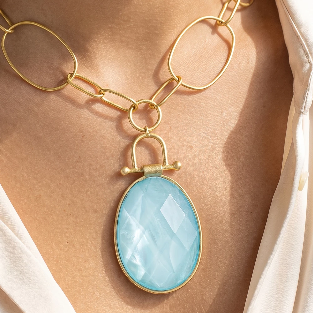 Faceted Oval Pendant Open Link Necklace Set