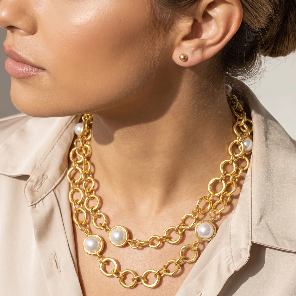 Long Circle Link Pearl Station Necklace Set
