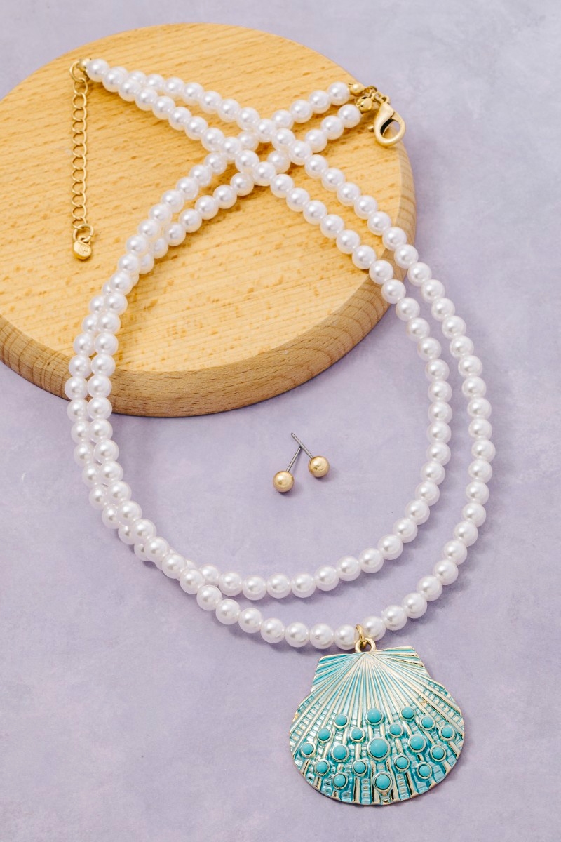 Seashell Pendant Layered Pearl Bead Necklace Set