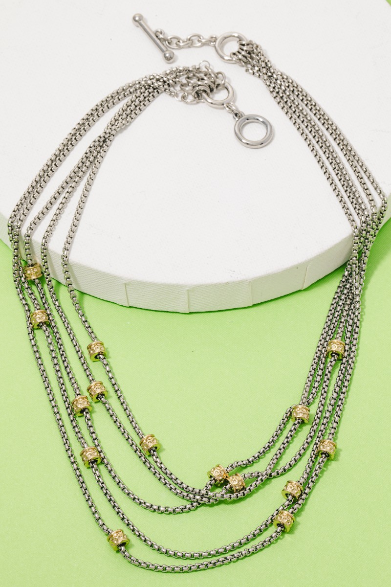 Two Tone Bead Station Layered Chain Necklace