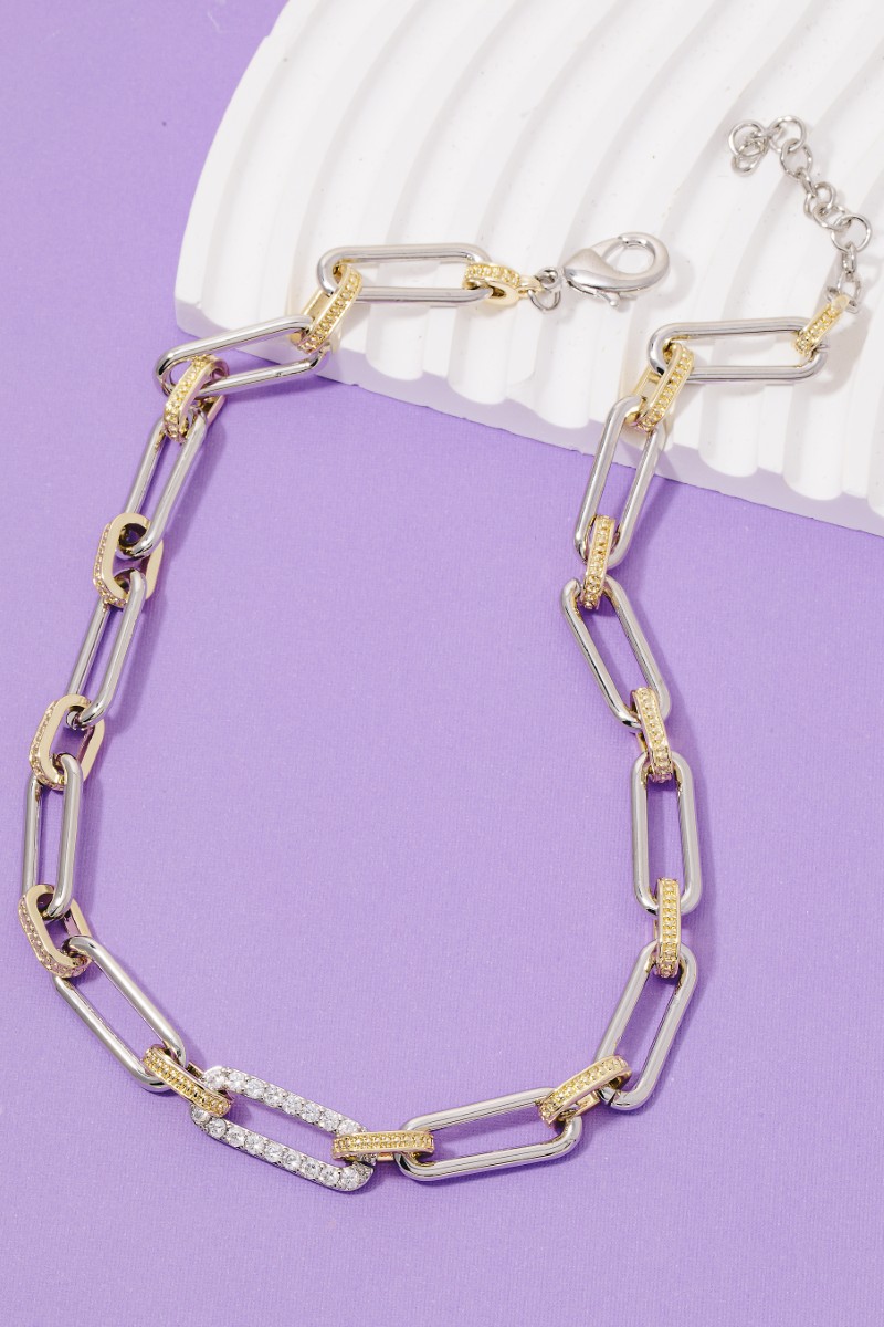 Two Tone Oval Classic Chain Cz Pave Link Classic Chain Necklace