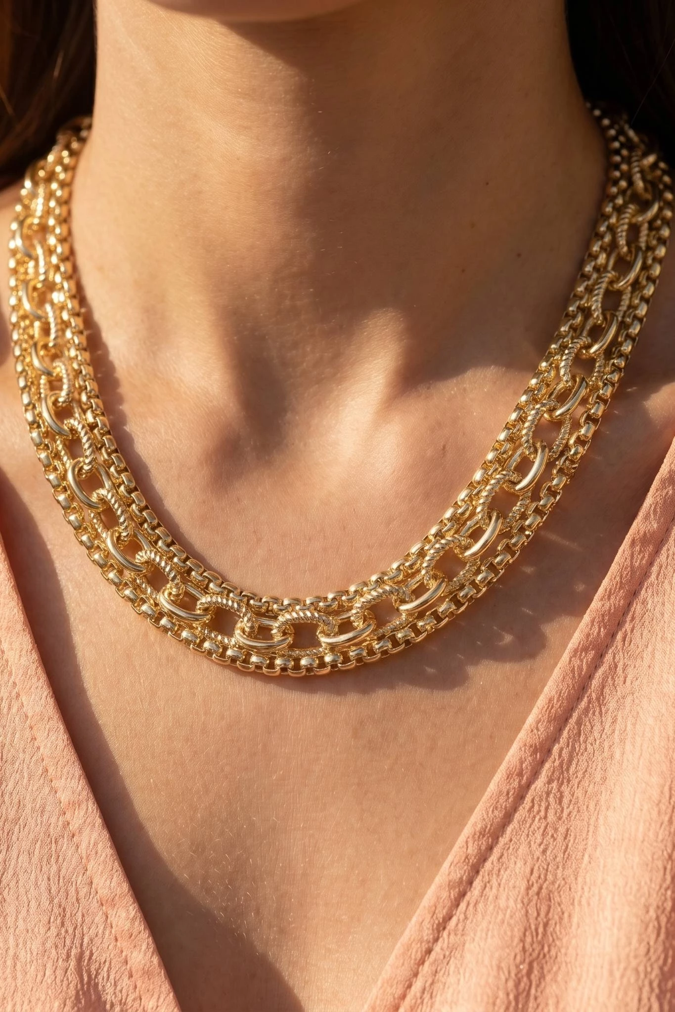 Gold Plated Assorted Layered Chains Necklace