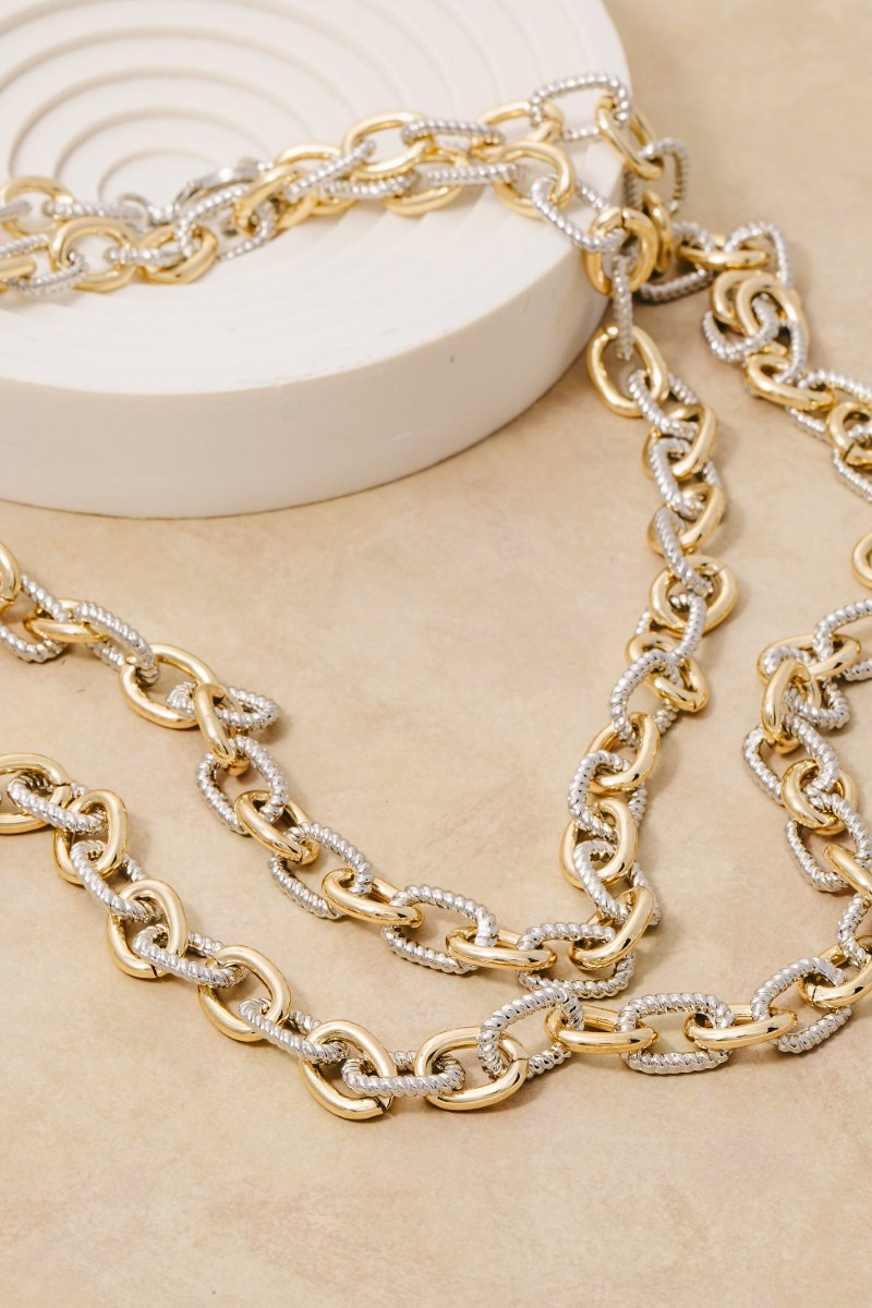 Gold Plated Two Tone Layered Chain Necklace