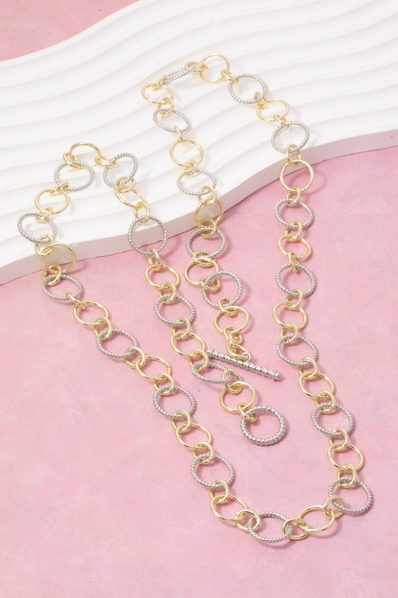 Two-Tone Alternating Round Link Long Necklace