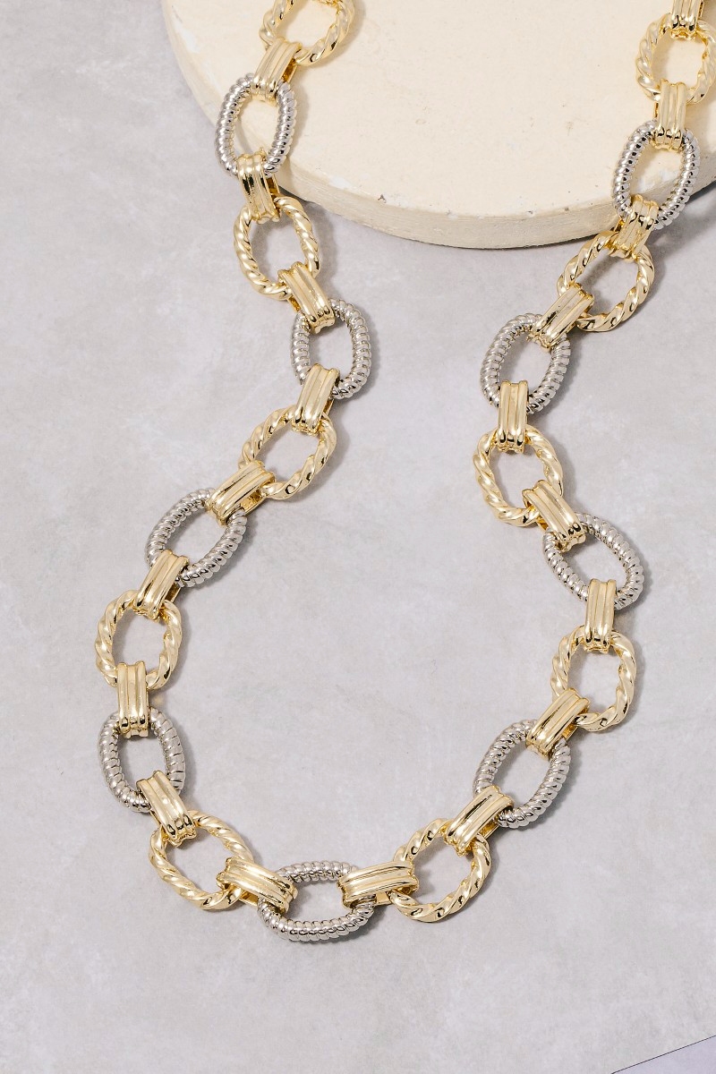 Gold Dipped Two Tone Textured Oval Chain Necklace
