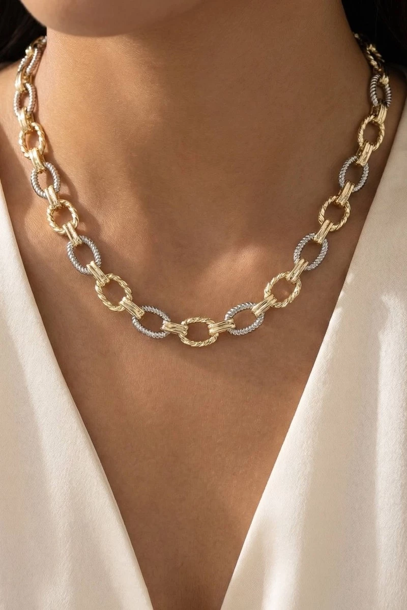 Gold Dipped Two Tone Textured Oval Chain Necklace