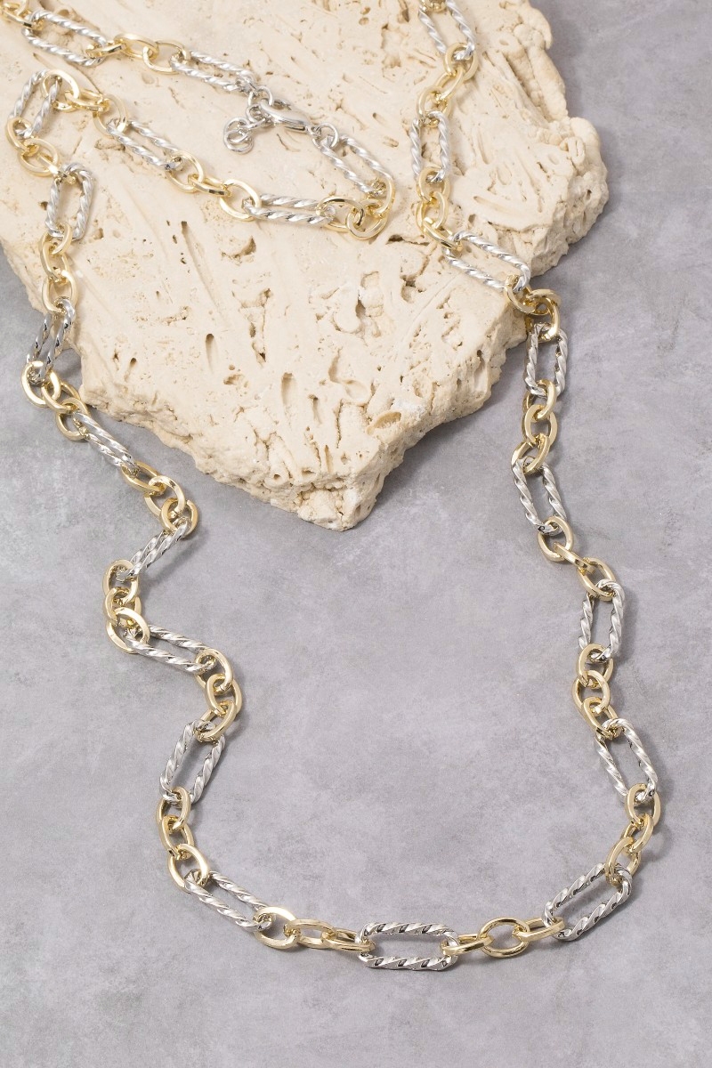 Two-Tone Textured Oval & Round Link Long Necklace