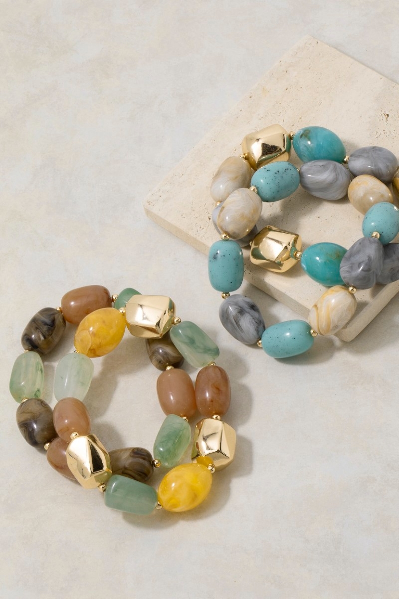 Chunk Marble Resin And Metallic Beads Bracelet Set