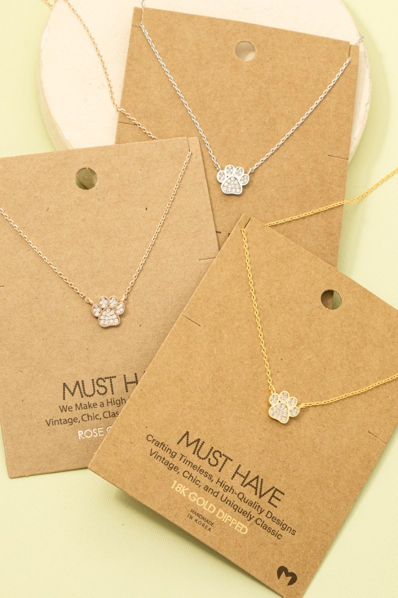 Gold Dipped Cz Pave Dog Paw Pendant Necklace