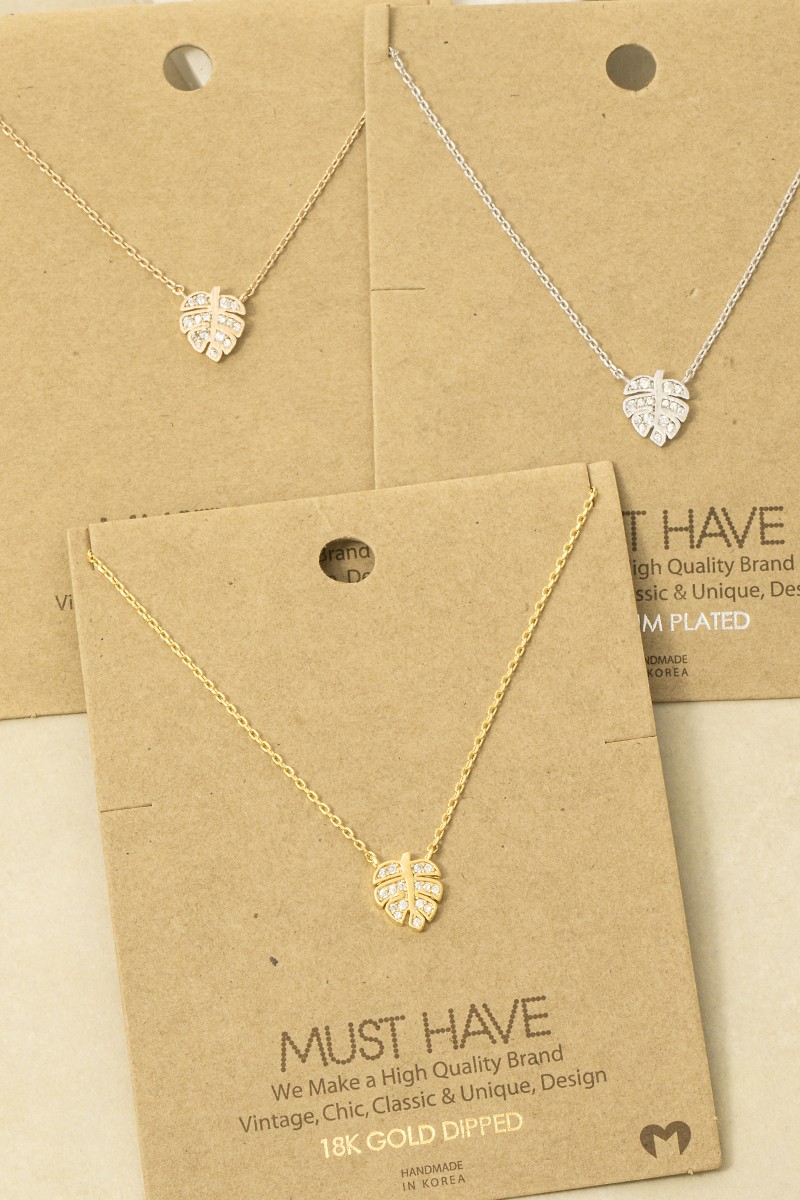 Gold Dipped Cz Monstera Leaf Pendant Necklace