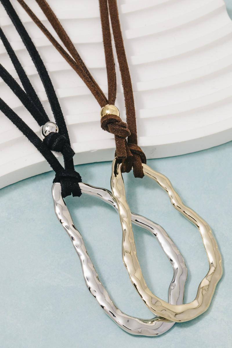 Hammered Warped Oval Suede Cord Necklace