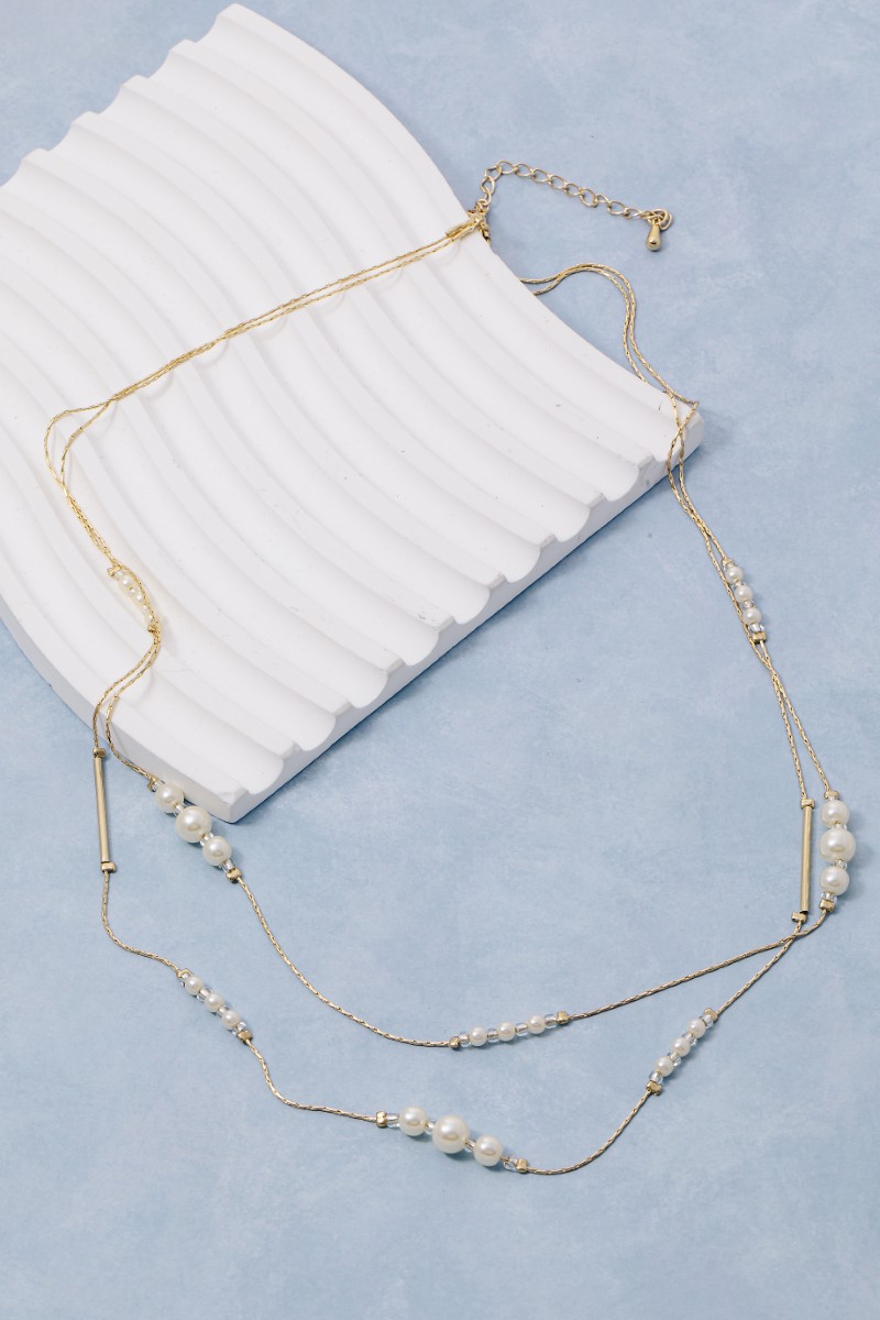 Pearl Beaded Rows Layered Dainty Chains Necklace