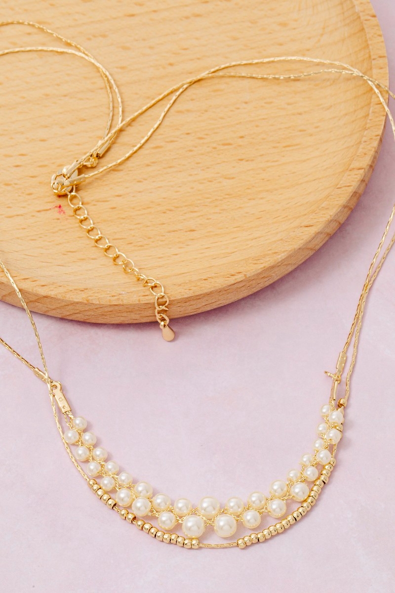 Pearl And Metallic Beaded Accent Layered Chain Necklace