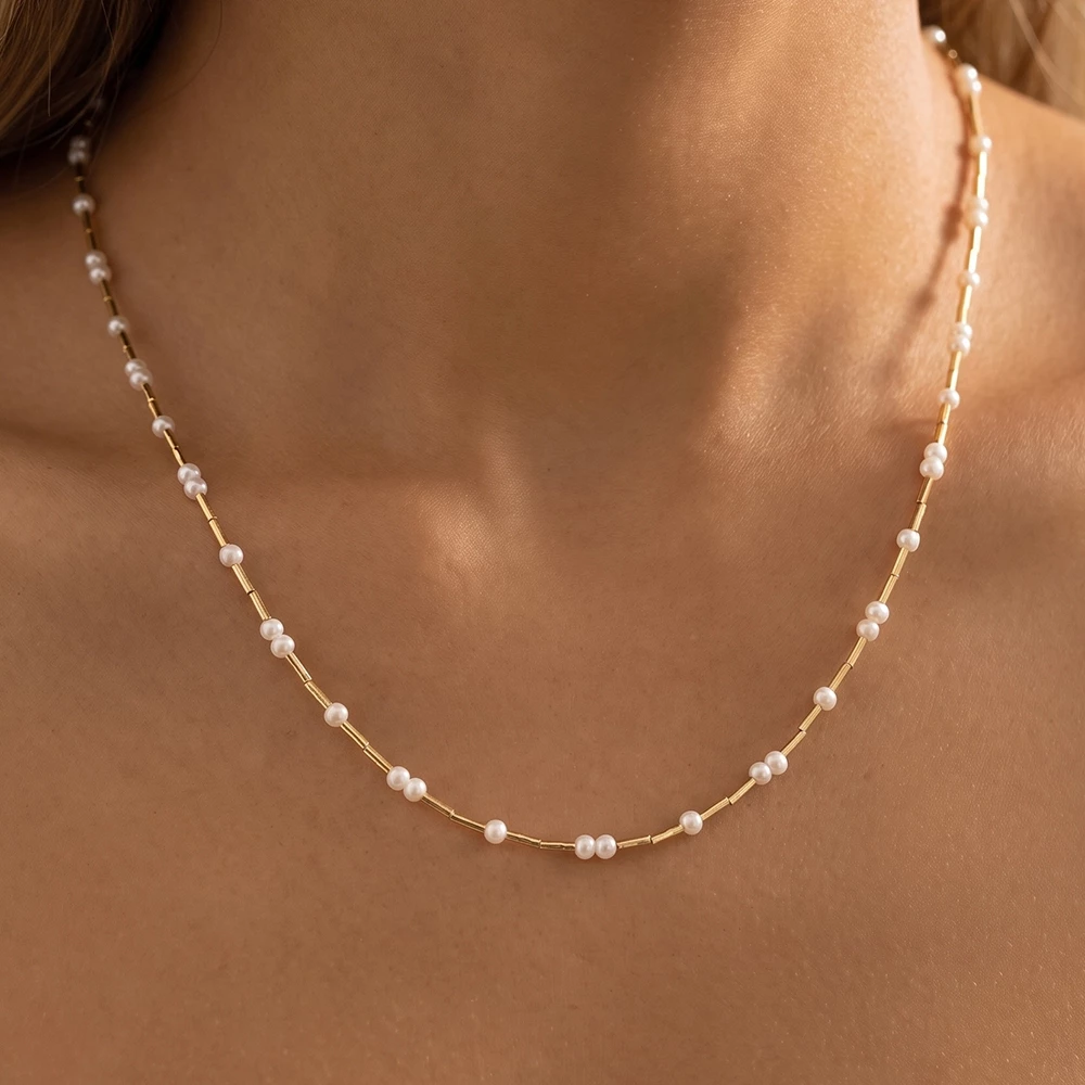 Metallic Tube And Pearl Beads Chain Necklace