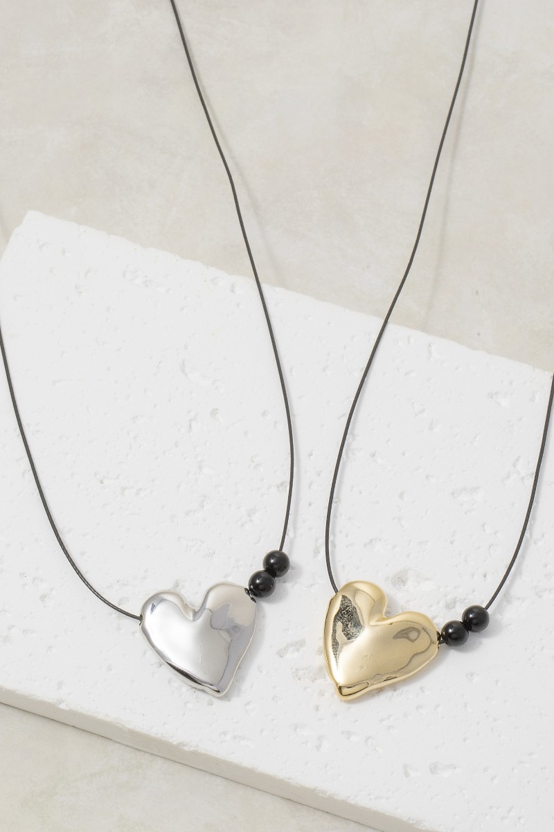 Round Metallic Heart Pendant Dainty Cord Necklace