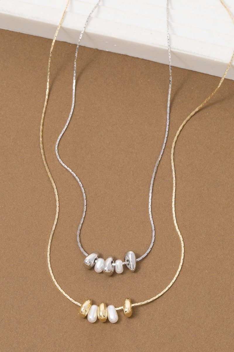 Dainty Chain Metallic Bead And Pearl Charms Necklace