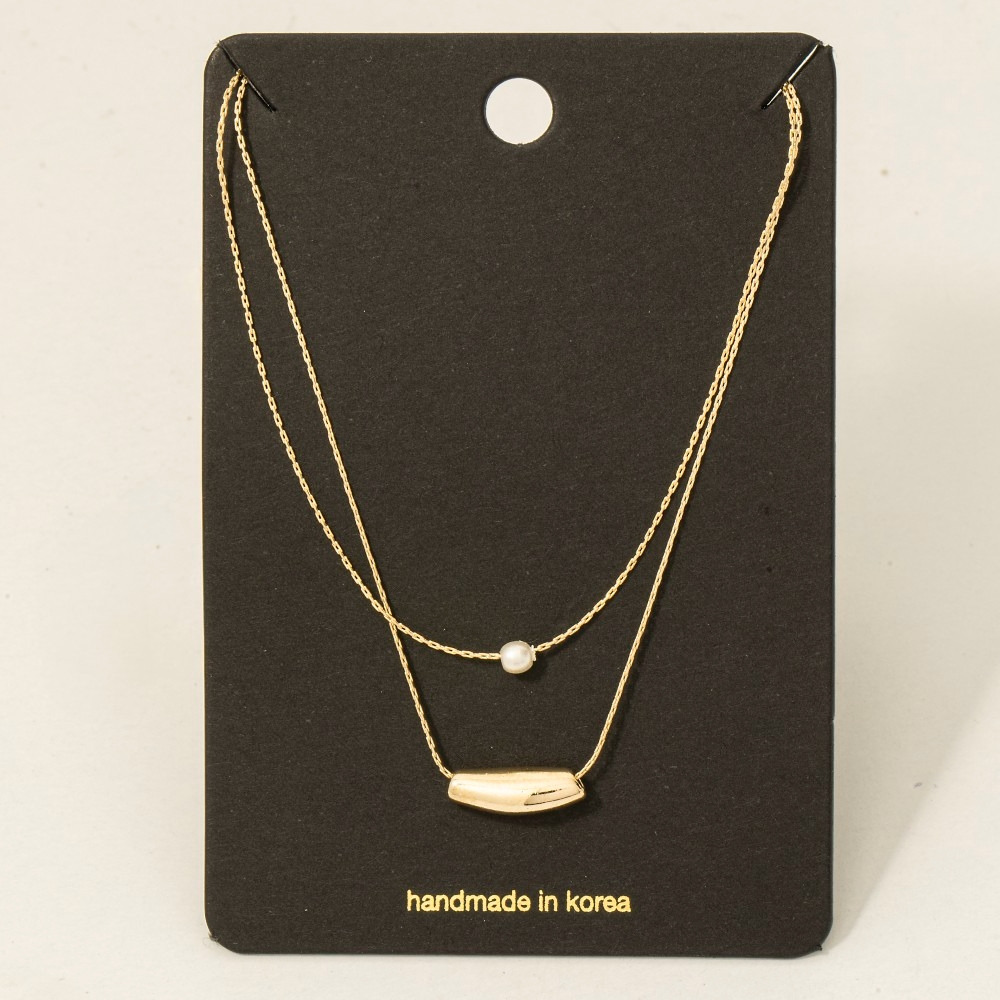 Layered Chain Pearl Bead Pendant Necklace