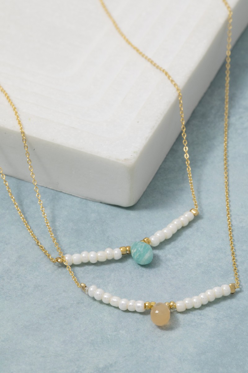 Teardrop Stone Beaded Bar Charm Necklace